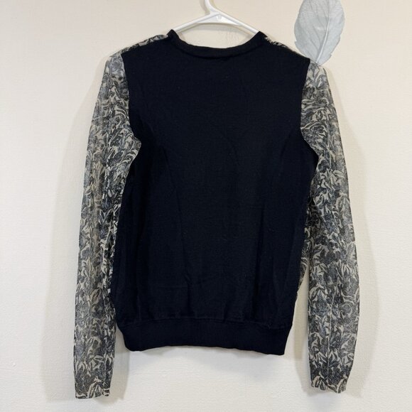 Tory Burch Metallic Floral Merino Wool Sweater Size M Long Sheer Sleeve - Picture 4 of 7